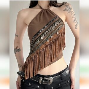 NEW❗ 🤎 SEXY Brown Halter Top with Fringe & Beads🤎